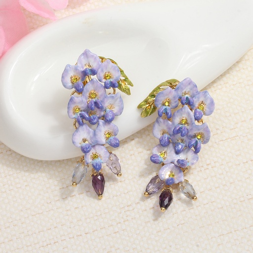 Purple Flower Blosssom Wisteria And Crystal Enamel Dangle Earrings