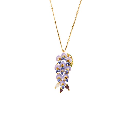 Purple Flower Blosssom Wisteria And Crystal Enamel Pendant Necklace
