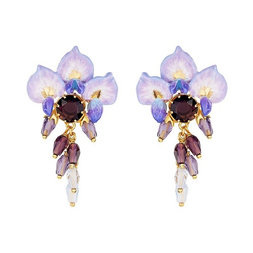 Purple Flower Blosssom Wisteria Crystal And Stone Enamel Dangle Earrings