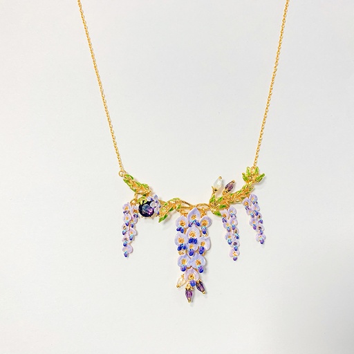 Purple Flower Blosssom Wisteria And Stone Enamel Pendant Necklace