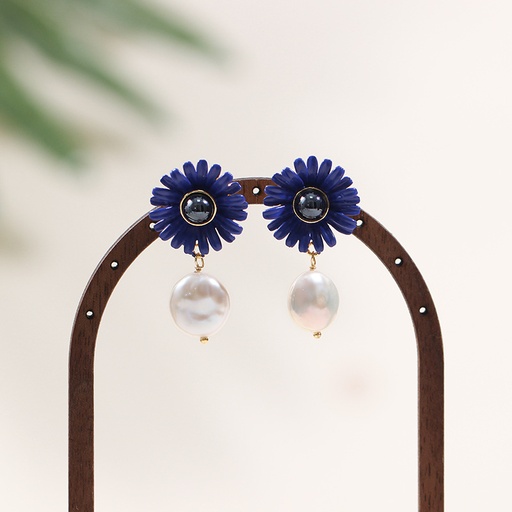 Blue Flower And Natural Pearl Enamel Dangle Earrings
