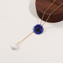 Blue Flower And Natural Pearl Enamel Pendant Necklace