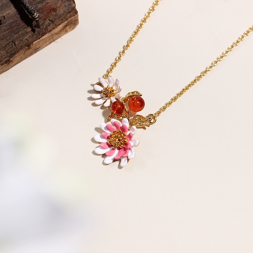 White Pink Daisy Flower Enamel Pendant Necklace