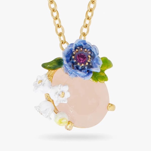 Blue Sea Anemone White Flower And Stone Enamel Pendant Necklace