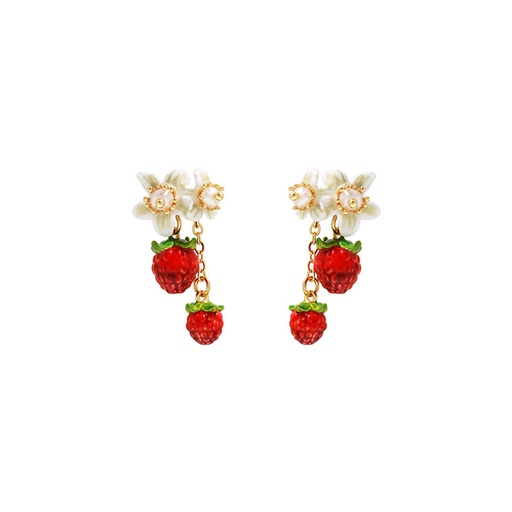 White Flower And Red Berry Enamel Dangle Earrings