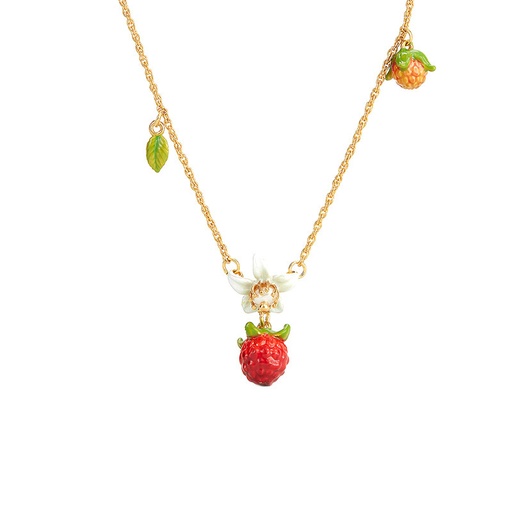 White Flower And Red Berry Enamel Pendant Necklace