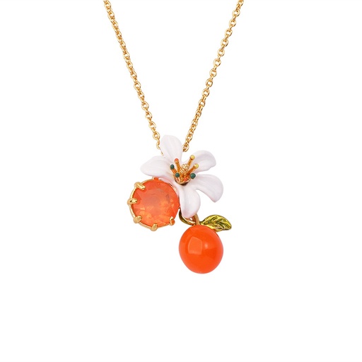 Orange Blossom Flower and Stone Enamel Pendant Necklace