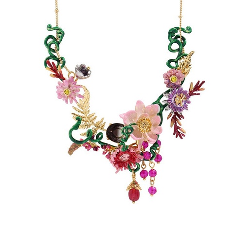 Colorful Lotus Flower Blossom Branch And Stone Enamel Pendant Necklace