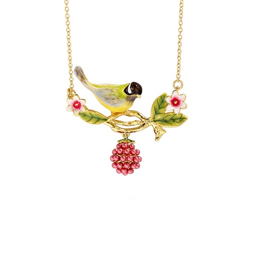 Bird Fruit Berry And Flower Branch Enamel Pendant Necklace