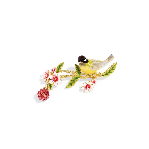 Bird Fruit Berry And Flower Branch Enamel Brooch