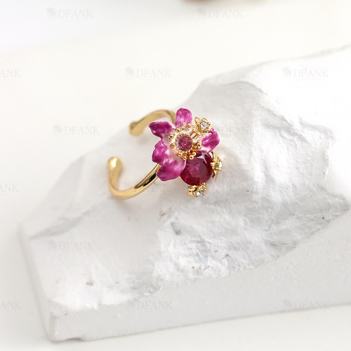 Purple Flower With Crystal Enamel Adjustable Ring