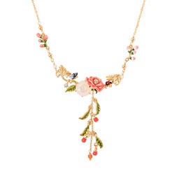 [19040547] Orange Blossom Flower and Stone Enamel Pendant Necklace