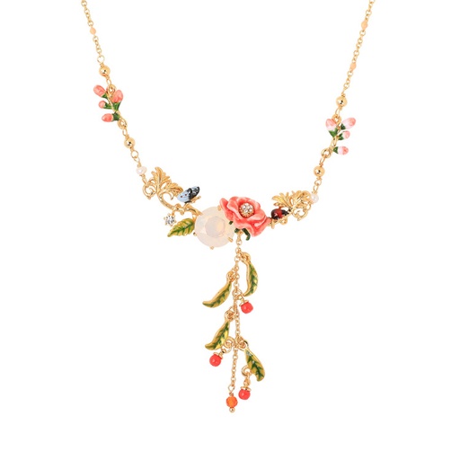 Orange Blossom Flower and Stone Enamel Pendant Necklace