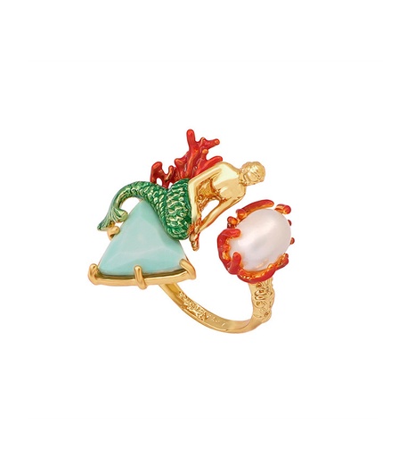 Mermaid and Pearl Stone Enamel Adjustable Ring Jewelry Gift