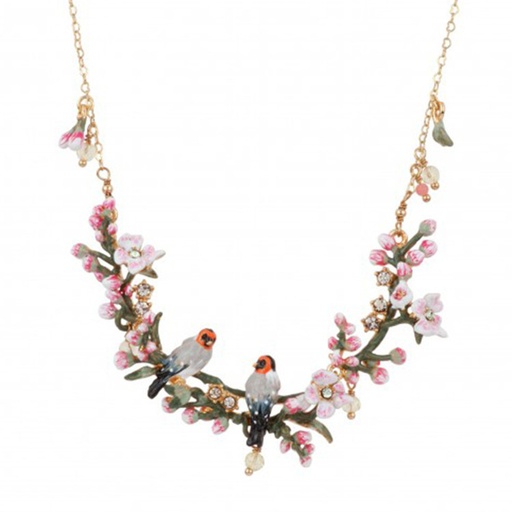 Bird On A Pink Cherry Blossom Flowering Branch Enamel Pendant Necklace