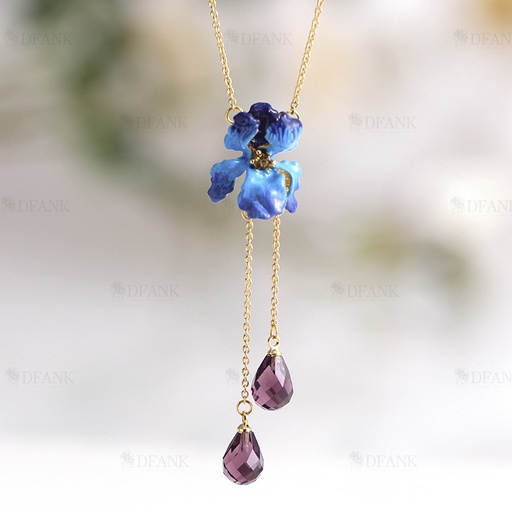 Blue Flower de Luce Irises And Stone Enamel Necklace