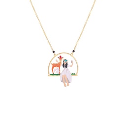 [19040197] Bird On A Pink Cherry Blossom Flowering Branch Enamel Pendant Necklace