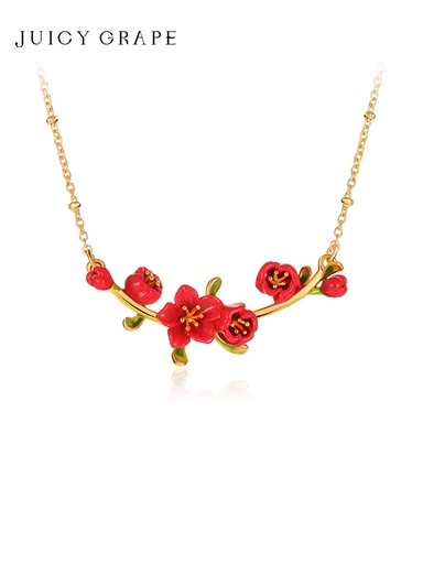 Begonia Red Flower Branch Enamel Pendant Necklace Jewelry Gift