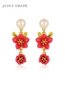 Red Flower And Pearl Enamel Dangle Stud Earrings Jewelry Gift