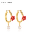 Begonia Red Flower And Pearl Enamel Hoop Dangle Stud Earrings Jewelry Gift
