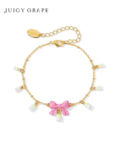 Pink Bow And Lily Flower Enamel Charm Bracelet Jewelry Gift