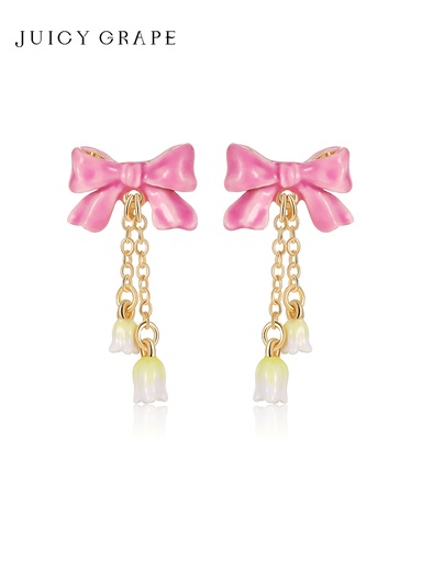 Pink Bow Tassel Enamel Dangle Stud Earrings Jewelry Gift