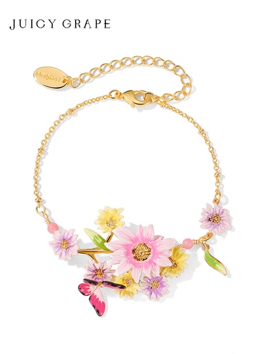 Flower Butterfly And Stone Enamel Charm Thin Bracelet Jewelry Gift