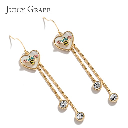 Enamel Glazed Bee Heart-shaped Shell Tassel Inlaid Zircon Hook Earrings