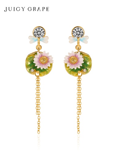 Lotus Flower And Dragonfly Enamel Dangle Stud Earrings Jewelry Gift