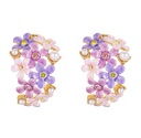 Lavender Purple Pink Flower And Crystal Pearl C Shape Enamel Stud Earrings Jewelry Gift