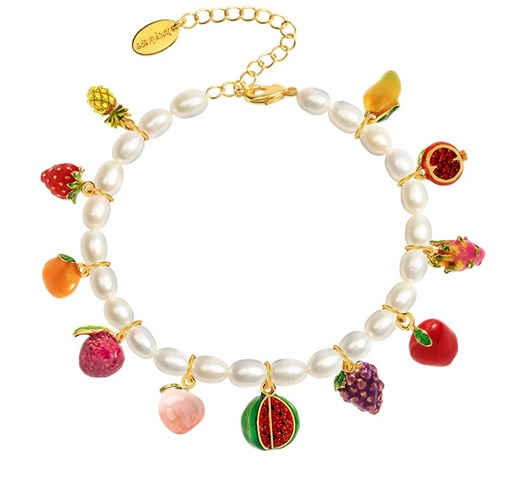 Enamel Fruit Strawberry Charm (11pcs) Pearl Strand Bracelet Jewelry Gift