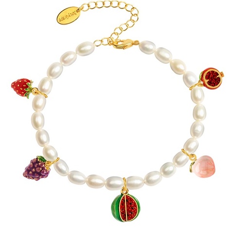 Enamel Fruit Strawberry Pendant (5pcs) Pearl Strand Bracelet Jewelry Gift