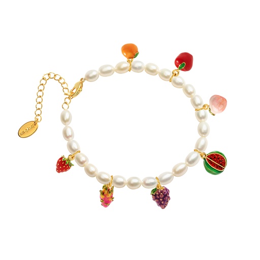 Enamel Fruit Strawberry Charm (7pcs) Pearl Strand Bracelet Jewelry Gift