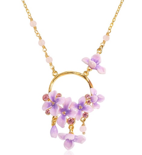 Purple Flower And Gem Enamel Pendant Necklace Handmade Jewelry Gift