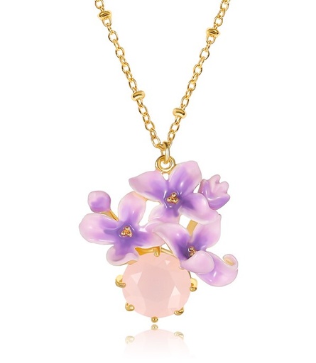 Purple Flower And Stone Enamel Pendant Necklace Handmade Jewelry Gift