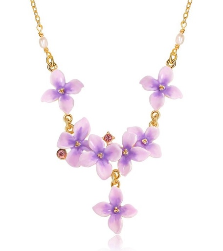 Purple Flower And Czech Gem Enamel Pendant Necklace Handmade Jewelry Gift