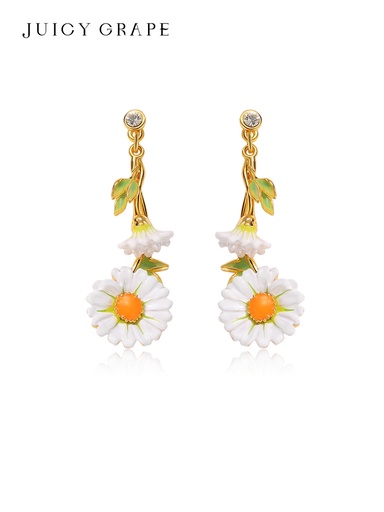 Daisy Flower And Crystal Enamel Dangle Stud Earrings Handmade Jewelry Gift