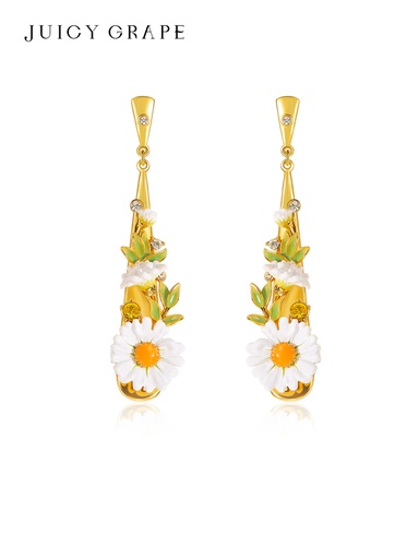 Daisy Flower And Gem Enamel Dangle Stud Earrings Handmade Jewelry Gift