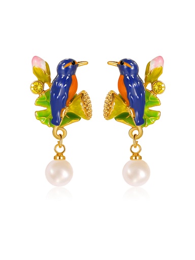Kingfisher Bird And Pearl Enamel Stud Earrings Handmade Jewelry Gift