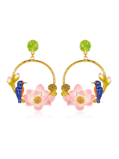 Kingfisher Bird And Lotus Enamel Hoop Stud Earrings Handmade Jewelry Gift