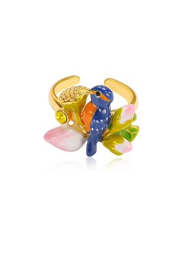 Kingfisher Bird And Flower Enamel Adjustable Ring Handmade Jewelry Gift