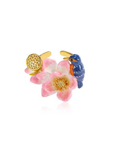 Kingfisher Bird And Lotus Enamel Adjustable Ring Handmade Jewelry Gift