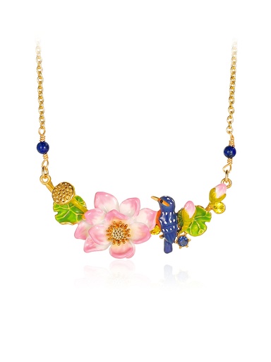 Kingfisher Bird And Lotus Branch Enamel Pendant Necklace Handmade Jewelry Gift
