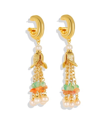 Stone And Pearl Tassel C Shape Stud Earrings Handmade Jewelry Gift