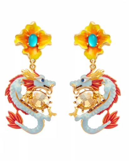 Dragon And Stone Enamel Dangle Earrings Handmade Jewelry Gift