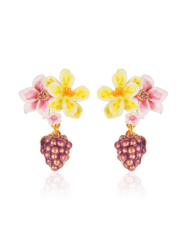 Grape And Flower Blossom Enamel Dangle Stud Earrings Handmade Jewelry Gift