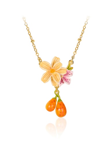 Pear Fruit Flower Enamel Pendant Necklace Handmade Jewelry Gift