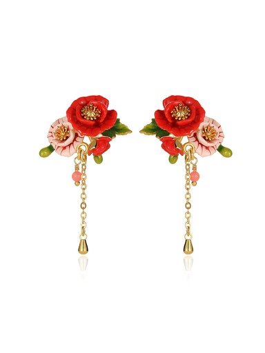 Pink Red Flower Enamel Tassel Stud Earrings Handmade Jewelry Gift