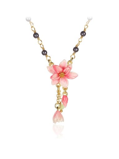 Pink Flower Enamel Pendant Necklace Handmade Jewelry Gift