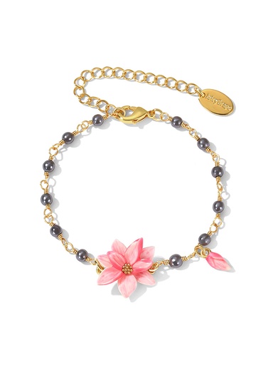 Magnolia Pink Flower Enamel Bead Strand Bracelet Handmade Jewelry Gift